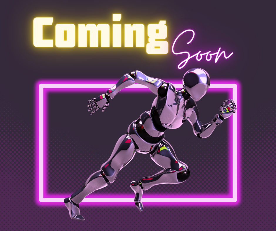 robot running with a Coming Soon sign